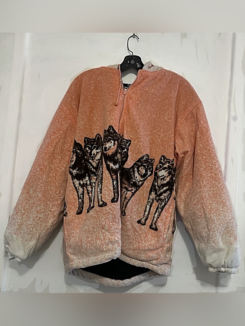 Pink Gradient Hooded Puffer Jacket with Wolf Graphic